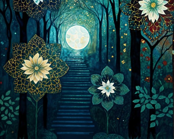 Mystical Forest Scene with Moonlit Staircase