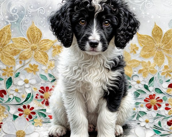 Fluffy Black and White Puppy Among Colorful Flowers