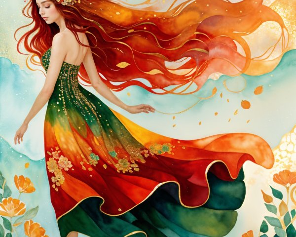 Whimsical Scene of a Woman in Floral Dress