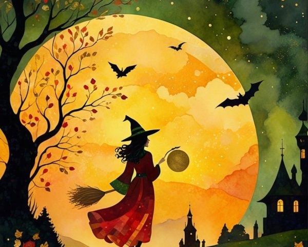 Whimsical Witch Flying Against Glowing Orange Moon