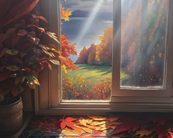 Autumn Landscape with Sunlight and Colorful Leaves