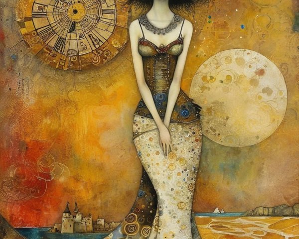 Mysterious Woman in Ornate Gown with Celestial Background