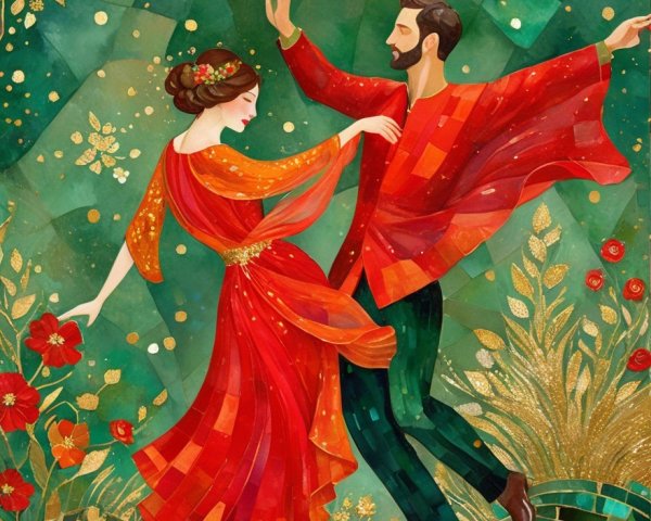 Couple Dancing in a Lush Garden with Floral Motifs