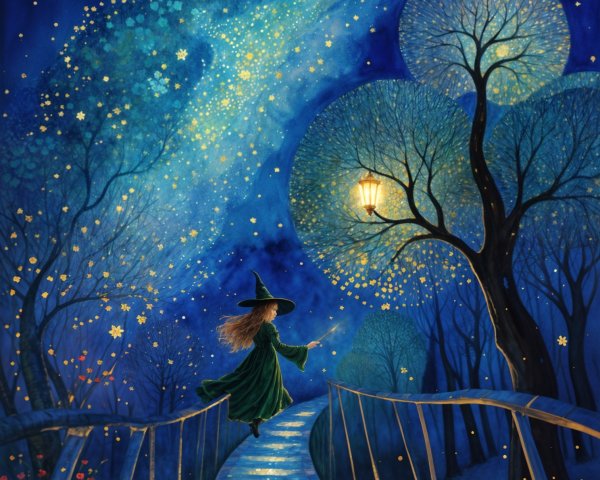 Whimsical Night Scene with Young Witch and Lanterns