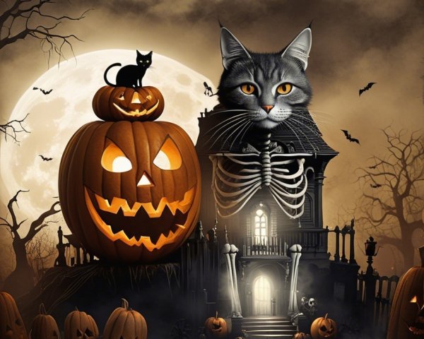Haunted House Scene with Cats and Pumpkins