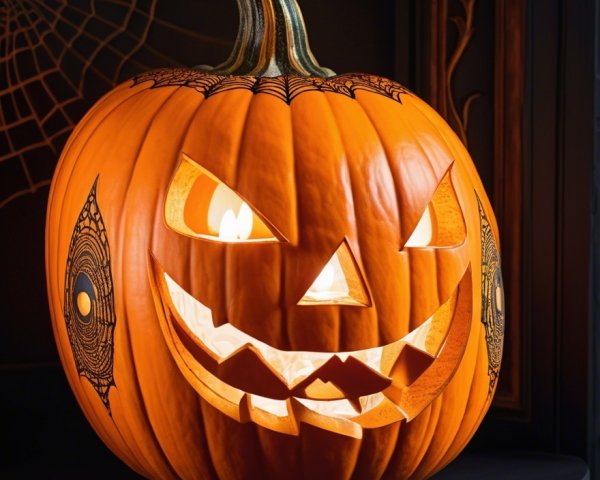 Intricately Carved Halloween Pumpkin with Glow
