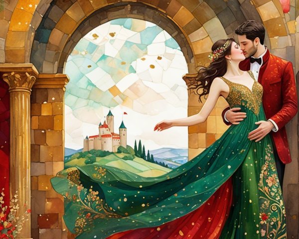 Romantic Couple Embraced by Vibrant Mosaic Arch