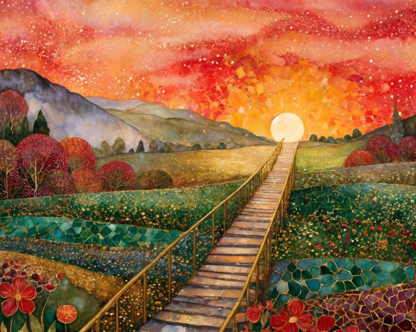 Winding Stone Pathway Under Vibrant Sunset Sky