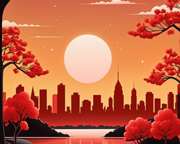 Vibrant Sunset Over City Skyline with Autumn Foliage