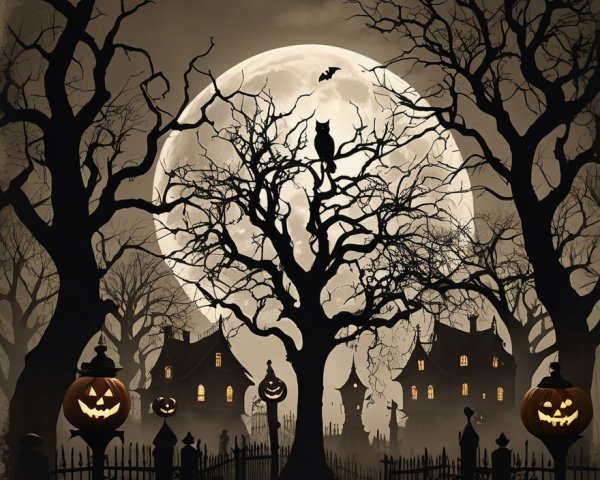 Eerie Halloween Scene with Full Moon and Jack-o'-Lanterns