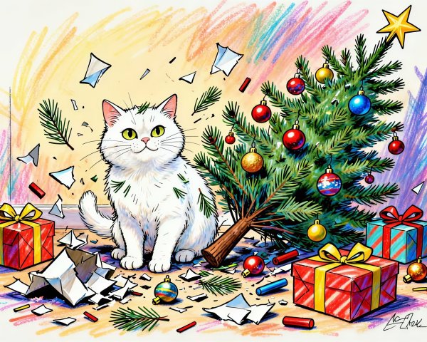 Playful White Cat Amongst Christmas Tree Chaos