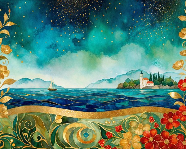 Tranquil Seascape with Starry Night and Lush Hills