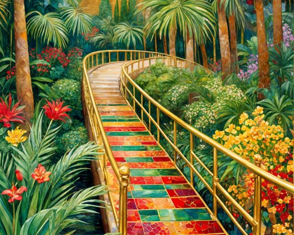 Tropical Pathway with Colorful Mosaic Tiles and Plants