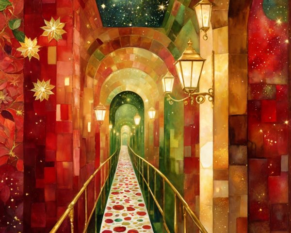 Vibrant Corridor with Red and Green Tiles and Lanterns