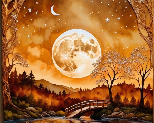 Serene landscape with full moon and tranquil river
