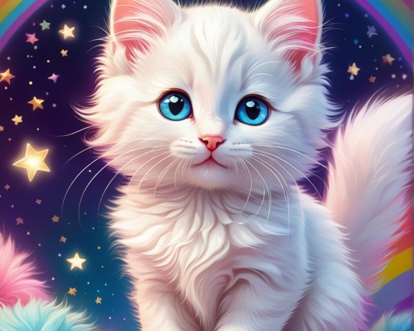 Fluffy White Kitten Against Rainbow and Stars