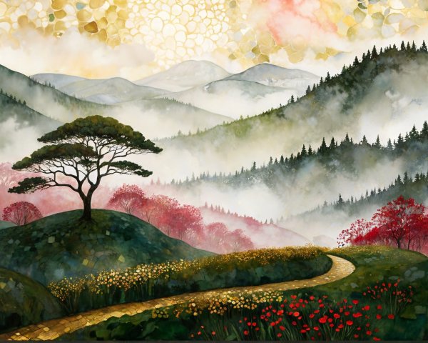 Serene Landscape with Vibrant Wildflowers and Hills