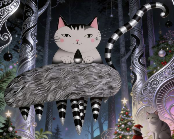 Giant Cartoon Cat in a Mystical Nighttime Forest