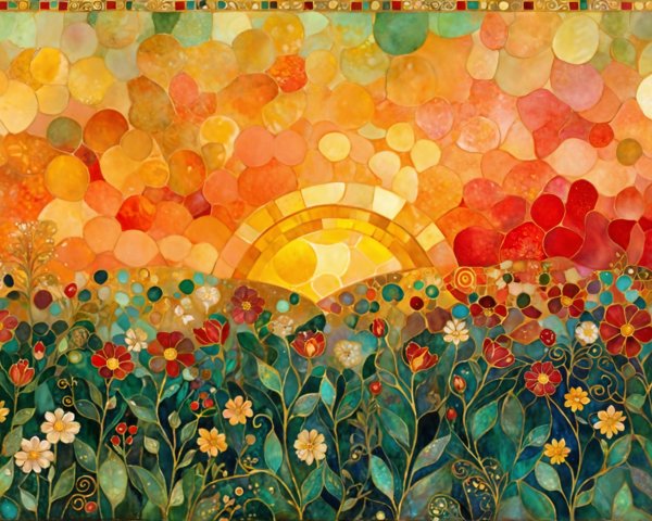 Vibrant Landscape with Colorful Blossoms at Sunrise