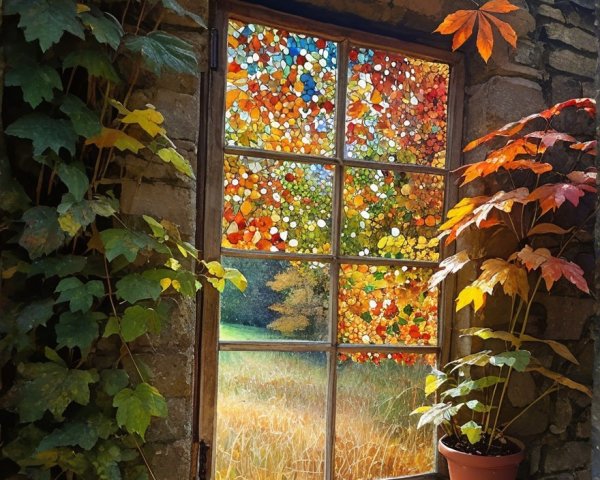 Rustic Stone Window Framing Vibrant Autumn Scene