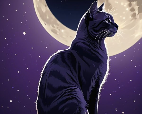 Black Cat Silhouette Against Starry Night Sky