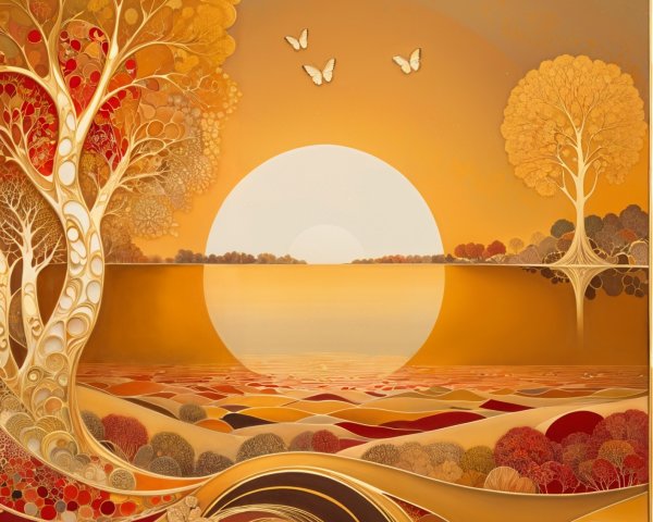 Vibrant Autumn Landscape with Stylized Trees and Sun