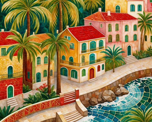 Mosaic Illustration of a Coastal Village Scene