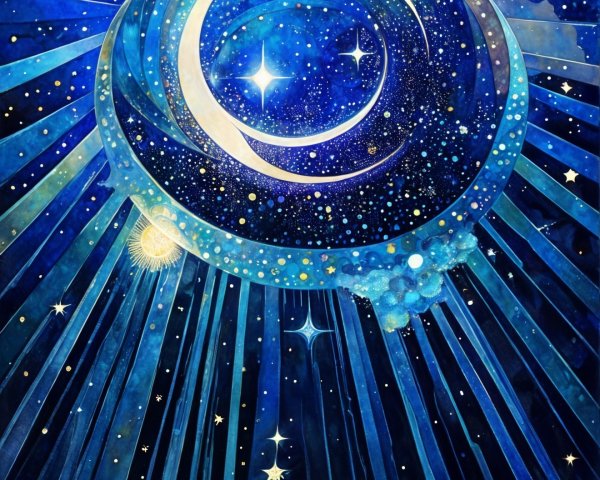 Serene Cosmic Scene with Crescent Moon and Tree