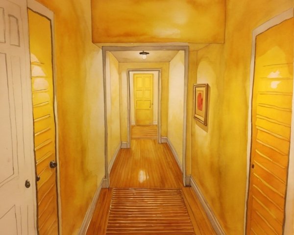 Narrow hallway with warm yellow walls and wooden floor