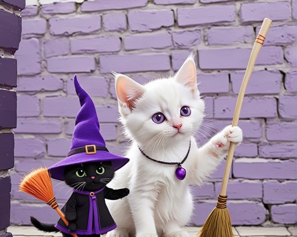 Fluffy Kittens in Witch Hats Against Lavender Walls