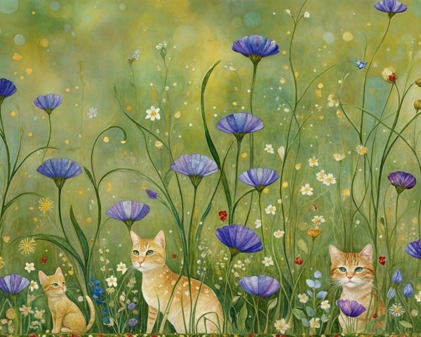Serene meadow with wildflowers and playful cats