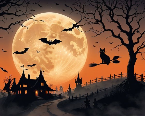 Spooky Halloween Scene with Full Moon and Haunted House