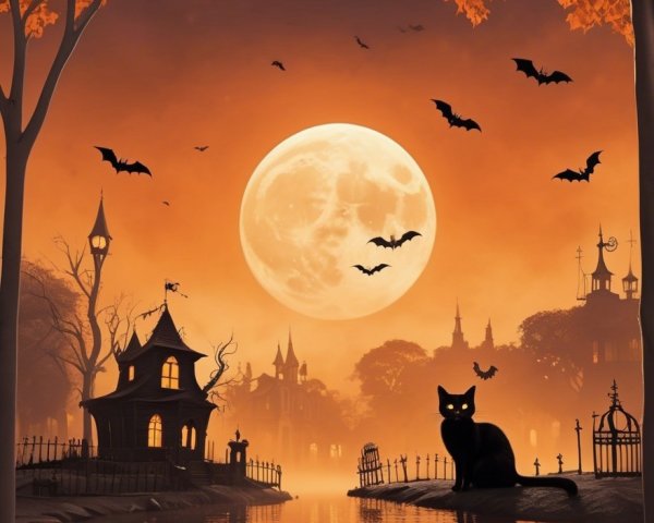 Moonlit Night with Autumn Trees and Black Cat
