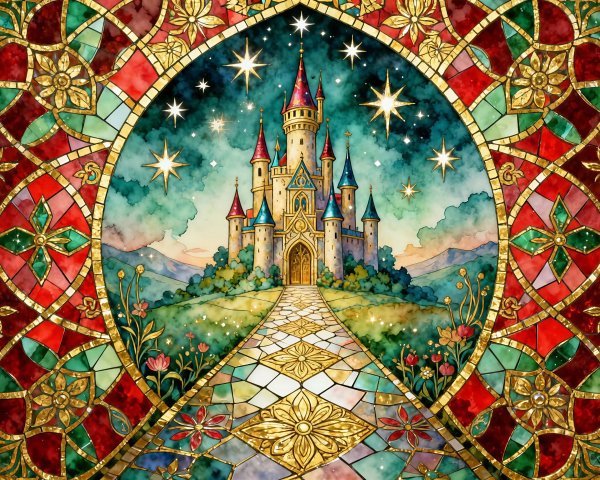 Vibrant Stained Glass Mosaic of a Fairytale Kingdom