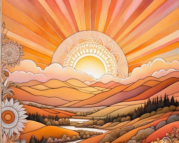 Vibrant Sunset Over Rolling Hills and Serene River