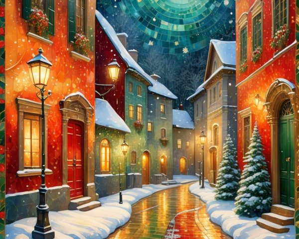 Colorful Winter Scene with Snow-Covered Street