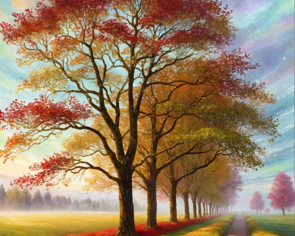 Autumn Landscape with Trees, Flowers, and Dreamy Sky