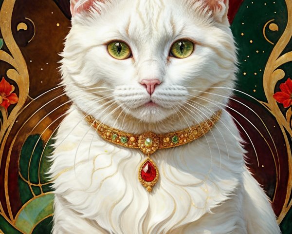 Regal White Cat with Green Eyes and Gold Collar