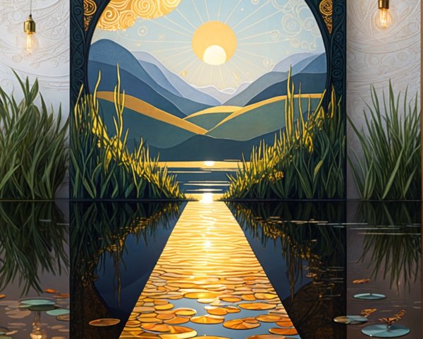 Stylized landscape with sun, mountains, and water scene