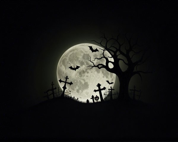 Full Moon Over Eerie Graveyard with Silhouetted Tombstones