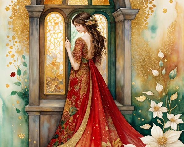 Elegant Woman in Red and Gold Gown by Ornate Window