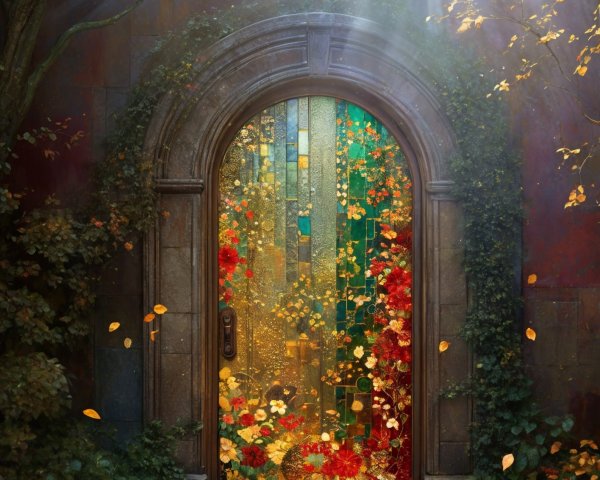 Radiant Stained Glass Door in Autumn Light