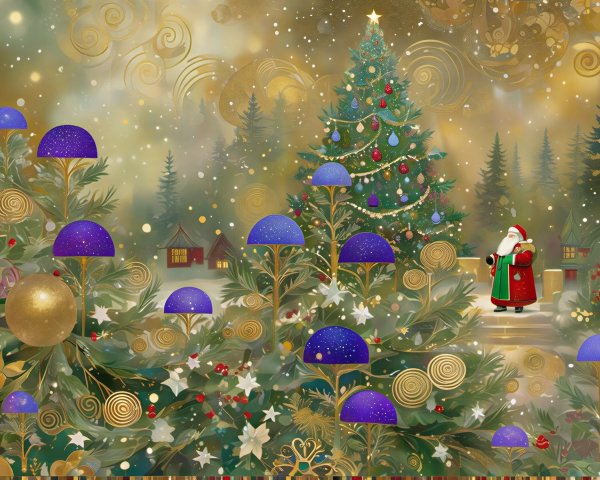 Christmas Scene with Decorated Tree and Santa Claus