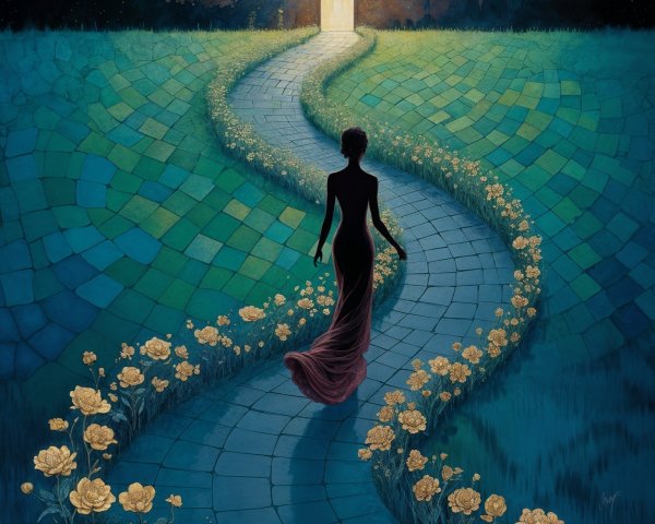 Silhouetted Figure on Pathway with Golden Roses
