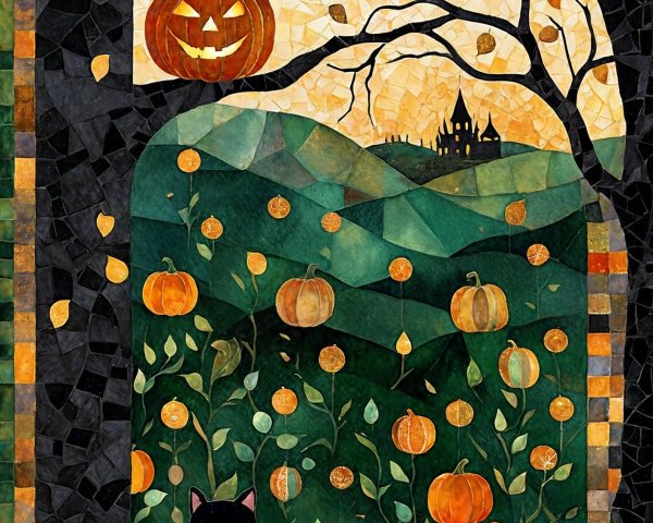 Whimsical Fall Scene with Cat, Pumpkins, and Castle