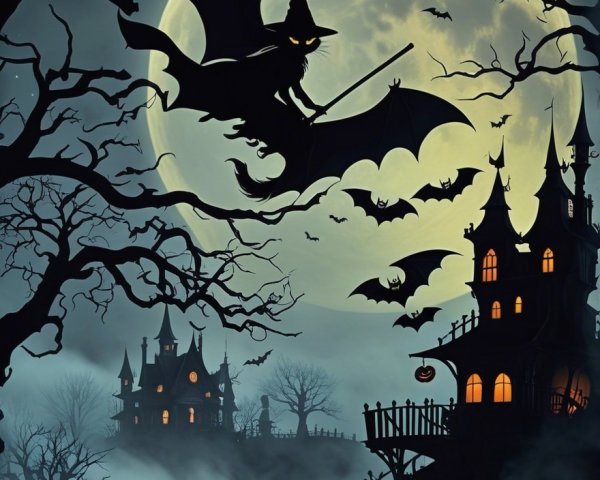 Haunted Mansion Under Full Moon with Witch and Bats