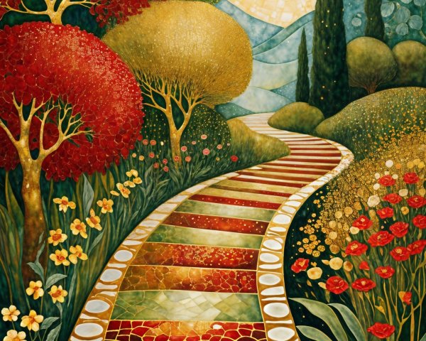 Whimsical Pathway in a Colorful Lush Landscape