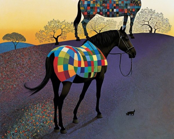 Stylized Horses in Colorful Sunset Landscape