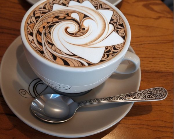 Intricate Latte Art on Coffee in Cozy Café Setting