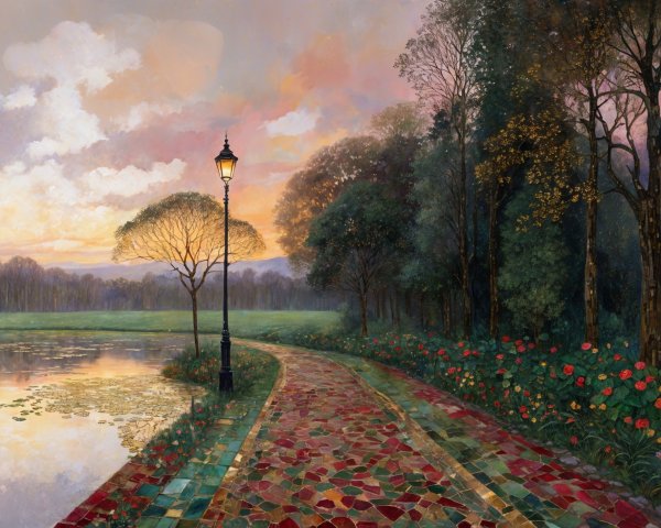 Serene Landscape with Cobblestone Path and Lake